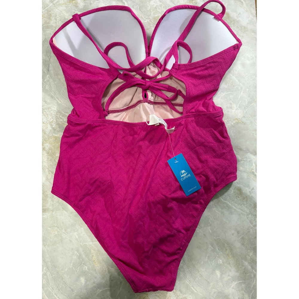CupShe Pink Swimsuit Criss Cross Lace Up Back Sweetheart Neck Textured L - Picture 4 of 13